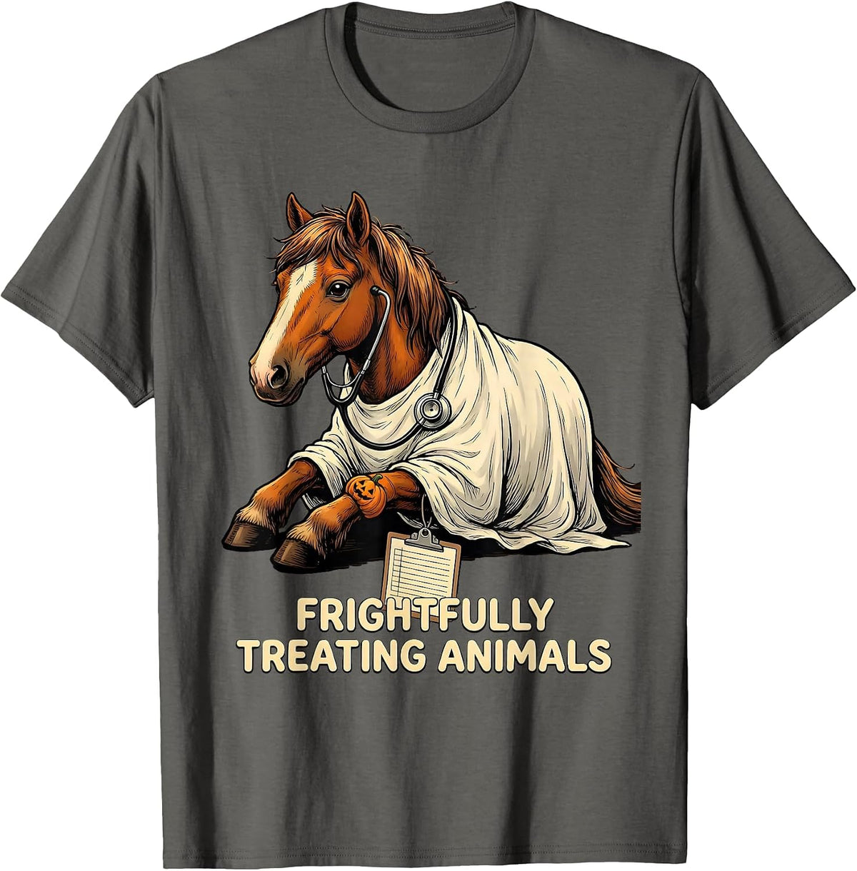 Men's Frightfully Treating Animals Funny Vet Tech Halloween T-Shirt - Asphalt Grey