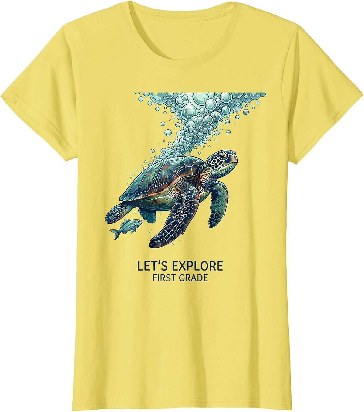 Women's Let's Explore First Grade Cute Teacher Back to School Ocean T-Shirt - Lemon Yellow