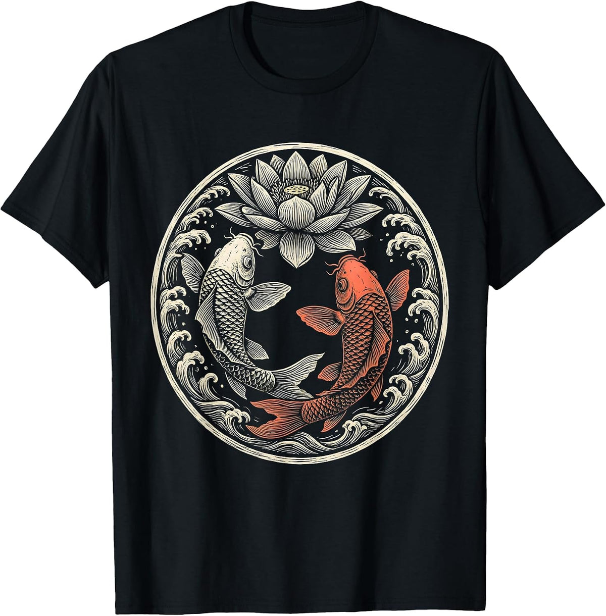 Men's Koi Fish Lily Pad Bloom Aloha Design T-Shirt - Black