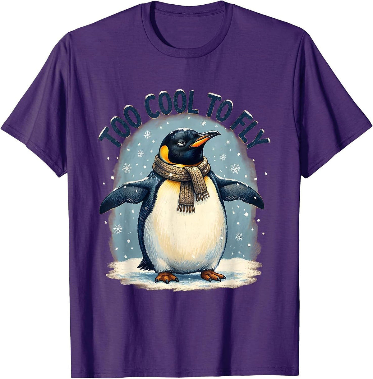 Too Cool To Fly Funny Penguin Design T-Shirt - Purple