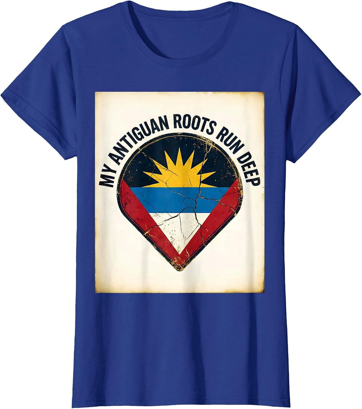 Women's My Antiguan Roots Run Deep Distressed Flag National Pride T-Shirt - Royal Blue