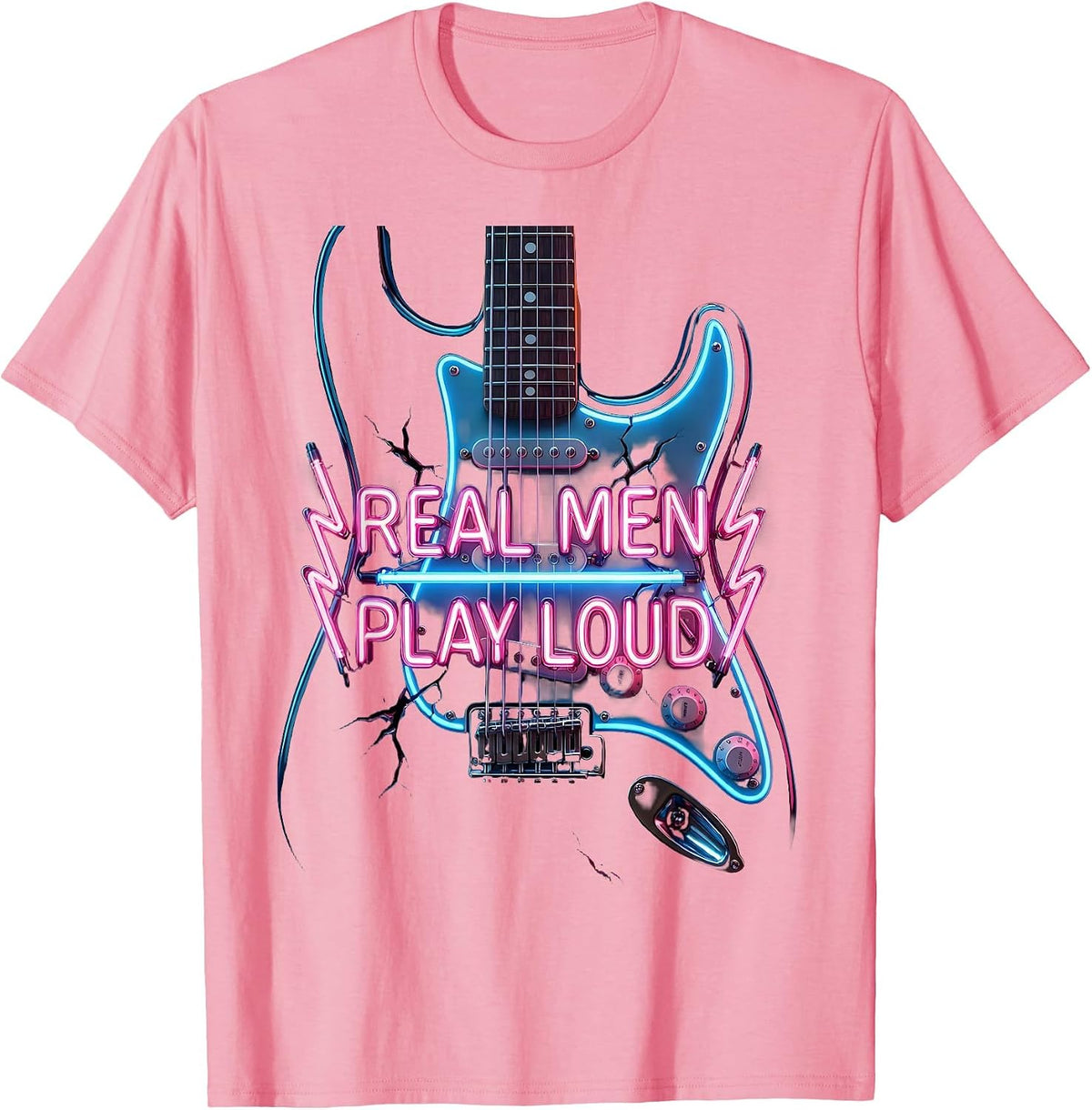 Men's Real Men Play Loud Rock Music Graphic Design T-Shirt - Pink