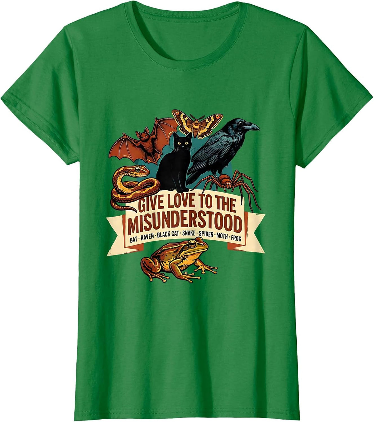 Women's Give Love To The Misunderstood Bat Raven Snake Spider Cat T-Shirt - Kelly Green