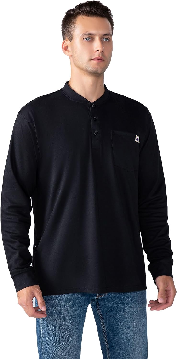FR Henley Shirts for Men Flame Resistant Lightweight Welding 6.5oz 100% Cotton CAT2 Long Sleeve Fire Retardant FRC Clothing