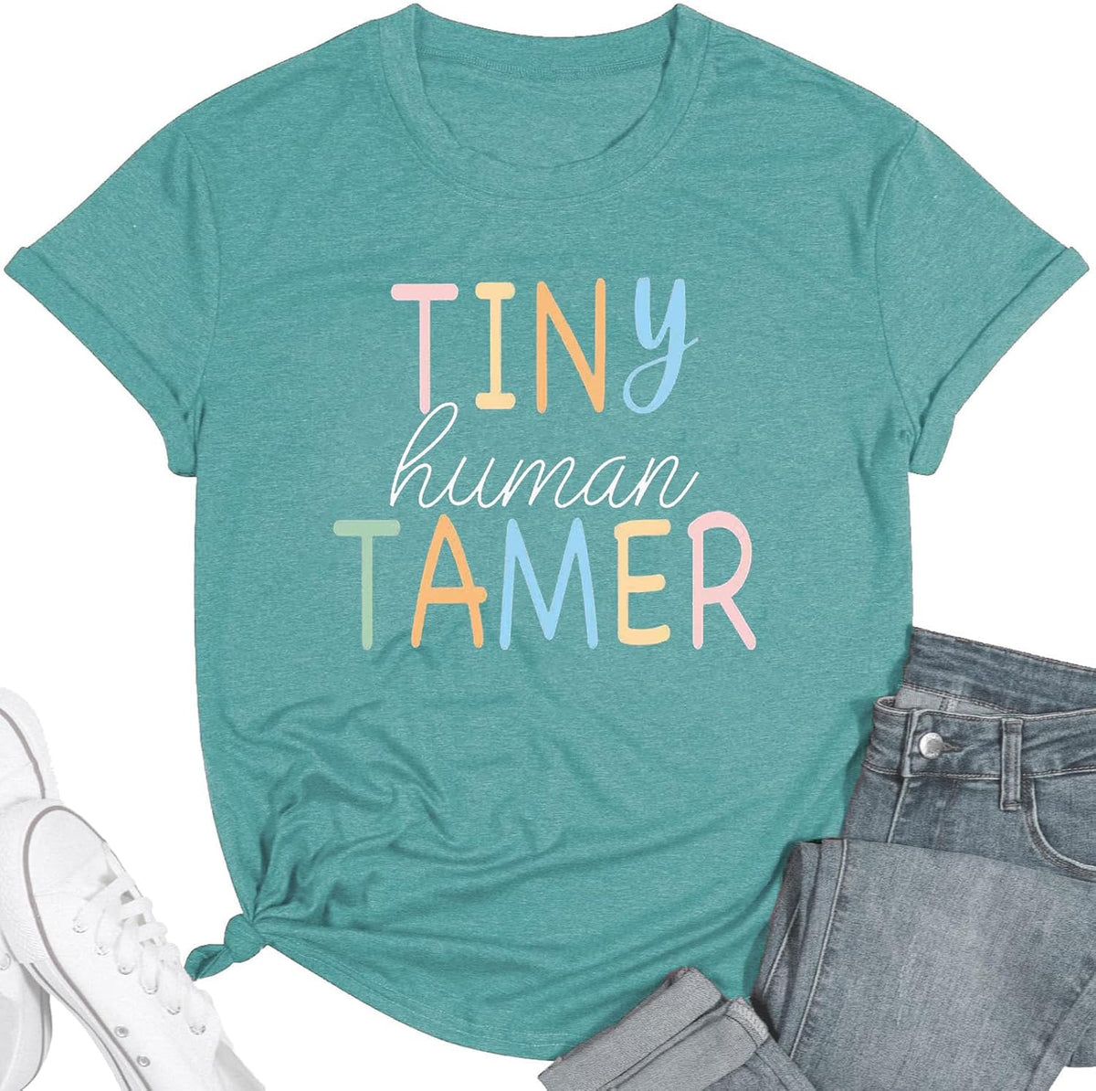 Teacher Shirts for Women - Kindergarten & Elementary School Teaching Tee Funny Tiny Human Tamer Graphic Tees Tops - Cyan