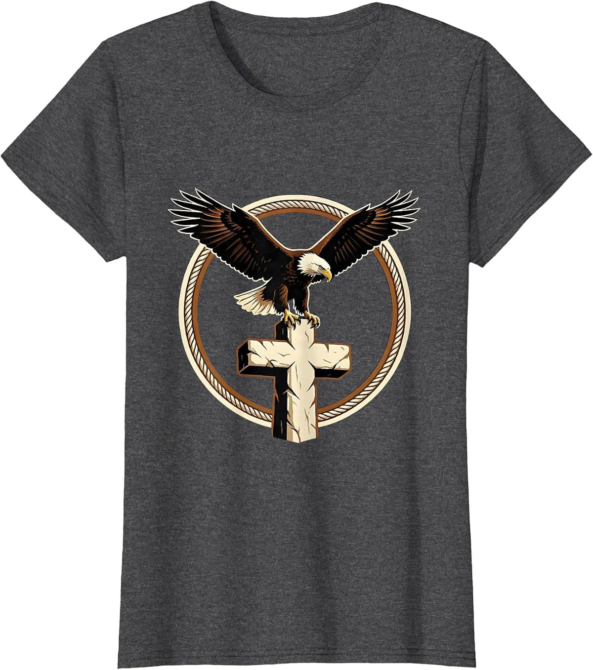 Women's Bald Eagle Perched on Stone Cross Christian Design T-Shirt - Dark Heather Grey
