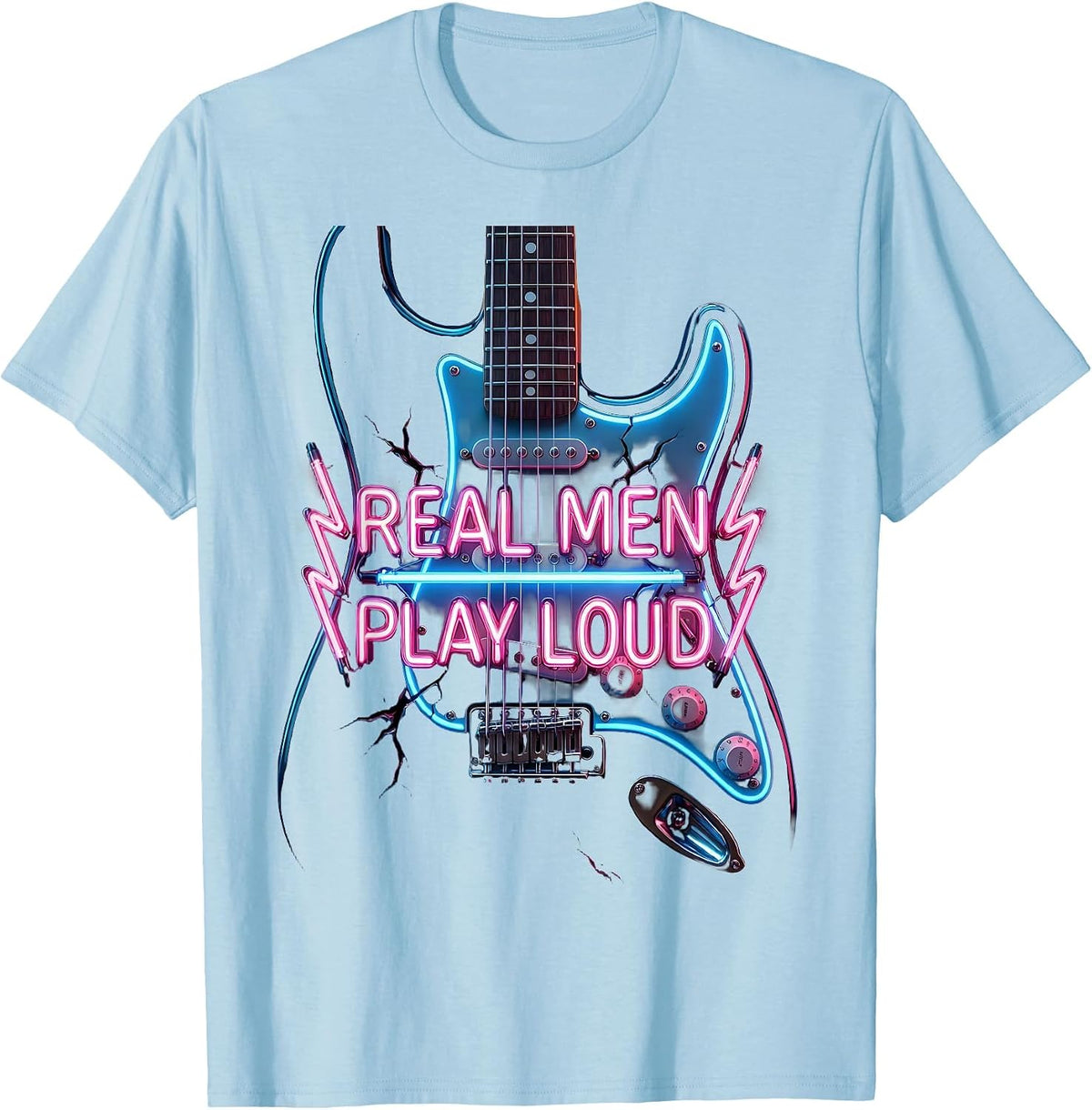 Men's Real Men Play Loud Rock Music Graphic Design T-Shirt - Baby Blue