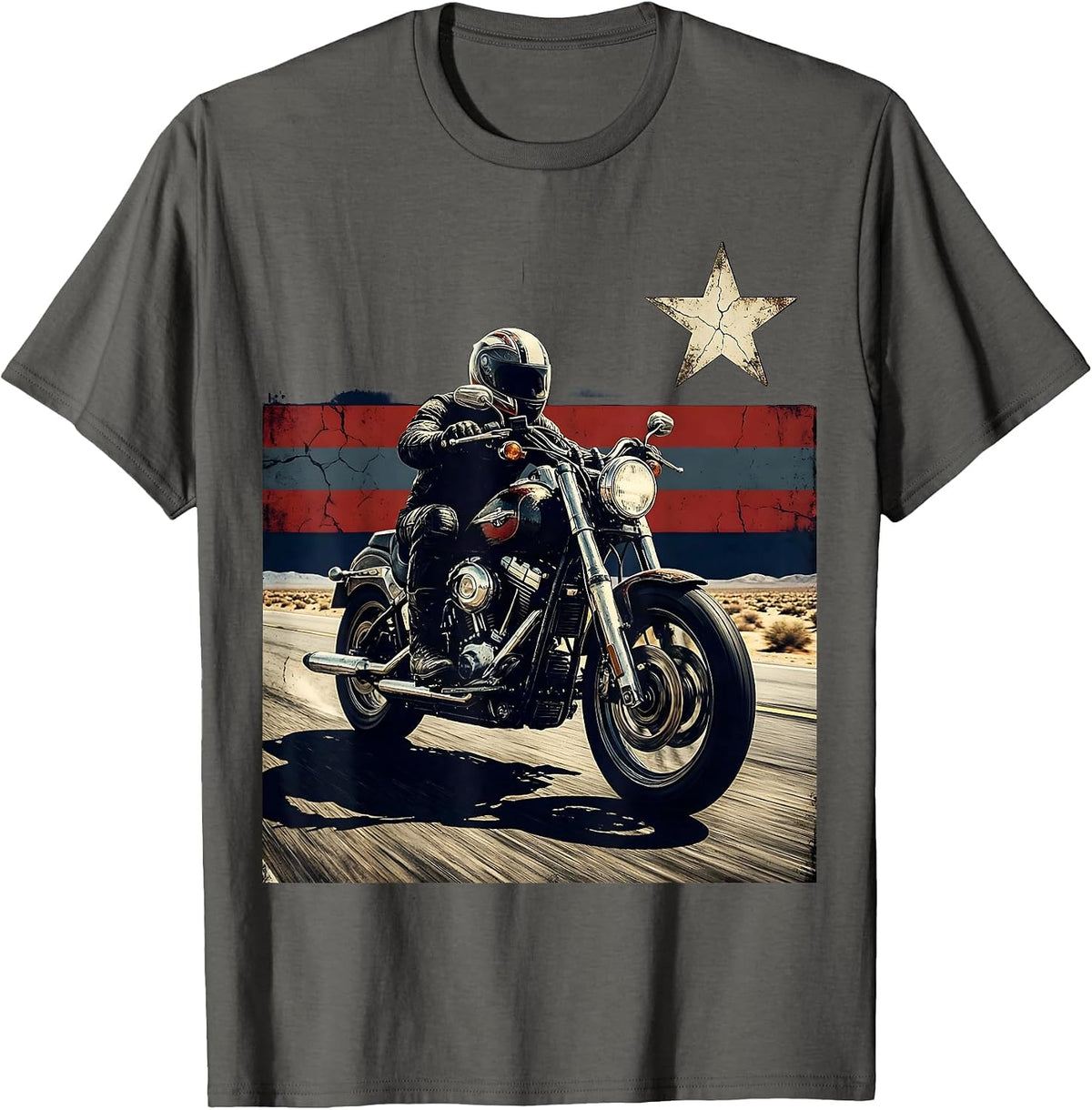 Route 66 Motorbike Rider USA Road Trip Graphic T-Shirt - Asphalt Grey