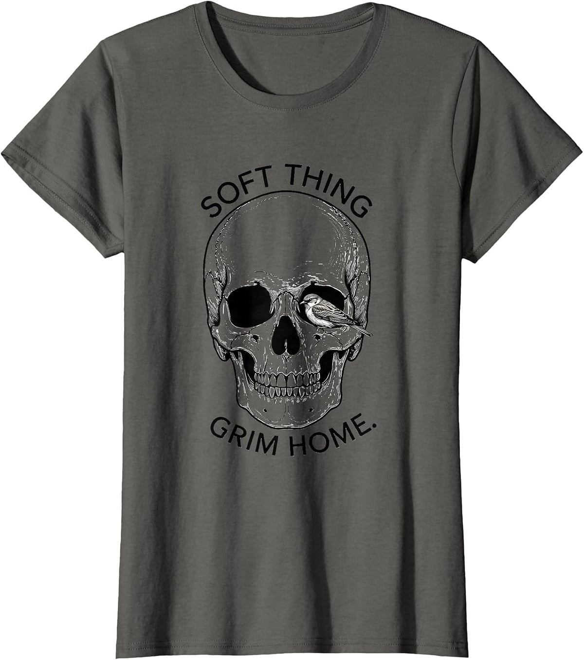 Women's Soft Thing Grim Home Line Art Skull Punk Horror Graphic T-Shirt - Asphalt Grey