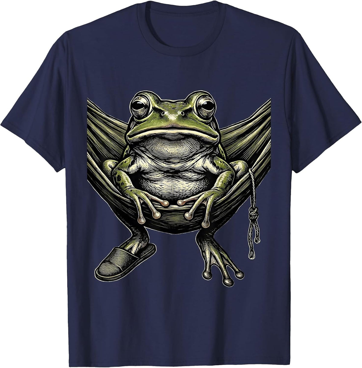 Frontal Squat Frog Hammock Retro Absurdist Humor T-Shirt - Navy Blue