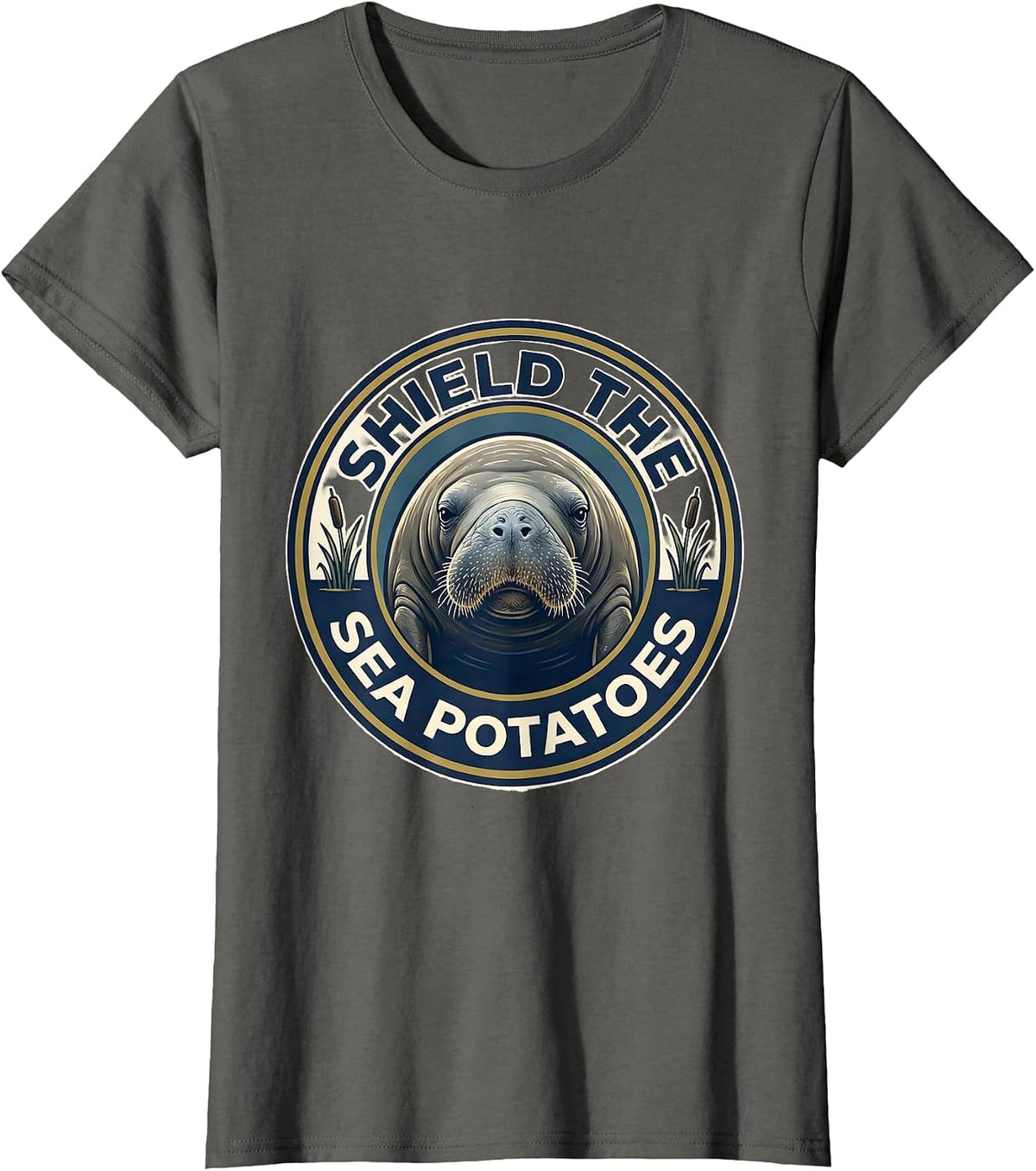 Women's Shield The Sea Potatoes Funny Manatee Lover Crystal River T-Shirt - Asphalt Grey