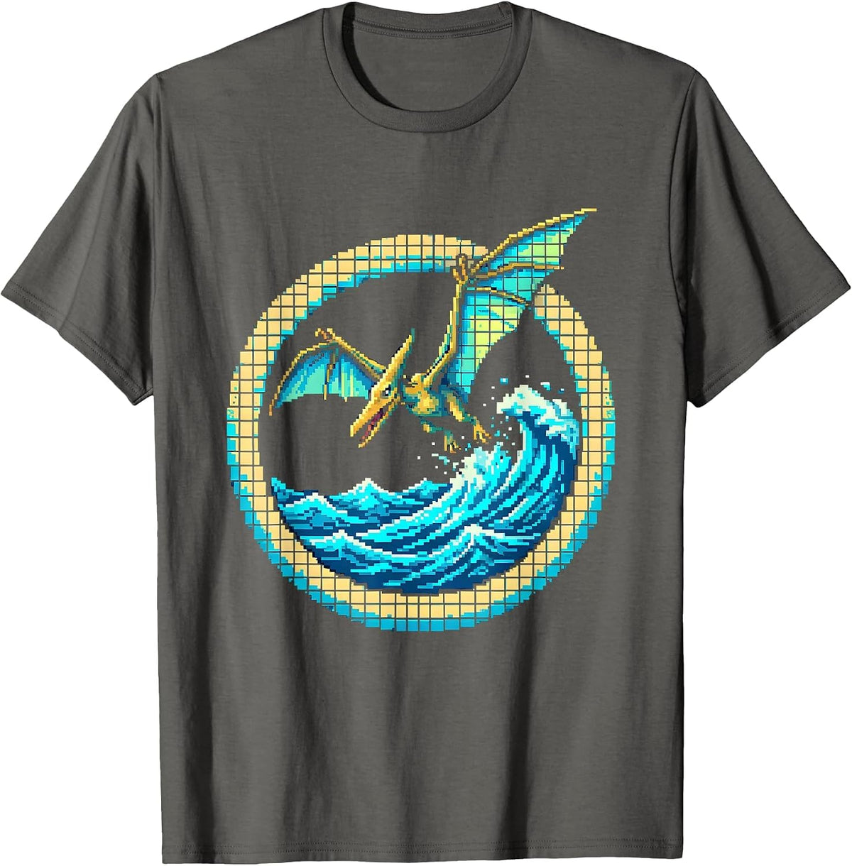 Men's Pterodactyl Diving Over Ocean Waves Dinosaur T-Shirt - Asphalt Grey