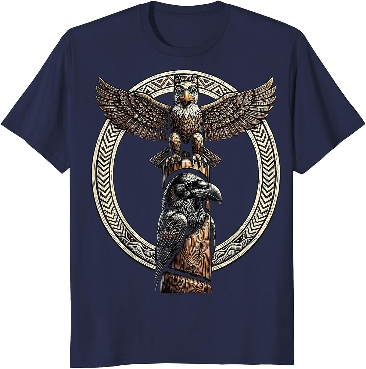 Alaska Totem Pole Eagle and Raven Illustration T-Shirt - Navy Blue