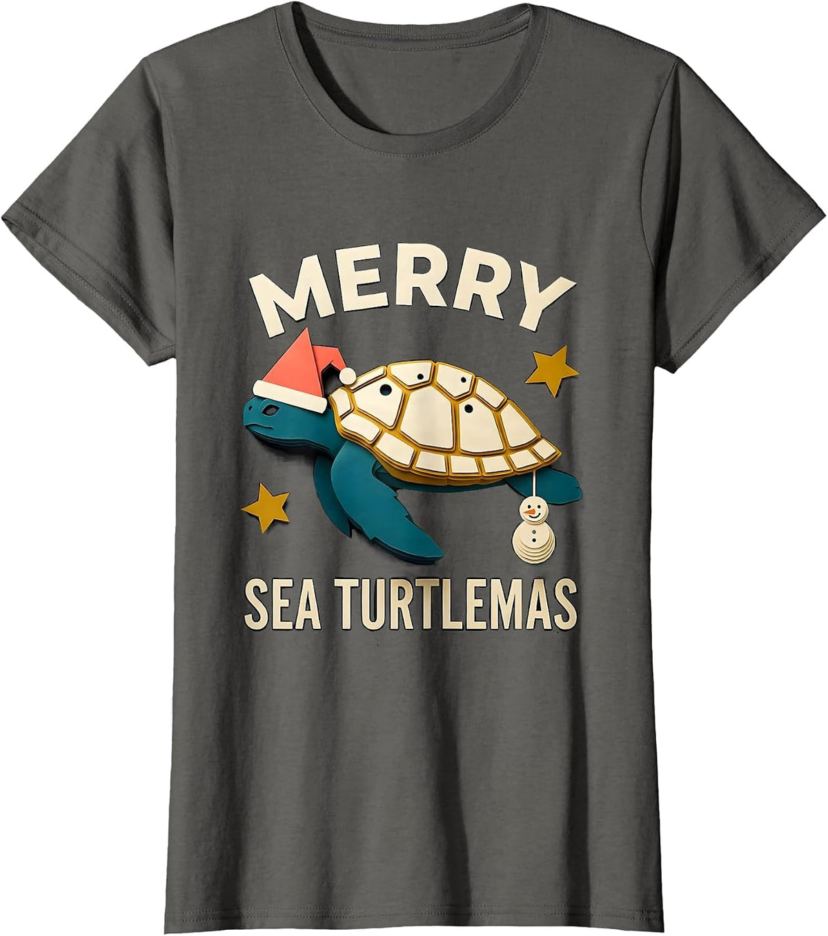 Women's Merry Sea Turtlemas Paper Cutout Whimsical Sea Turtle Lover T-Shirt - Asphalt Grey