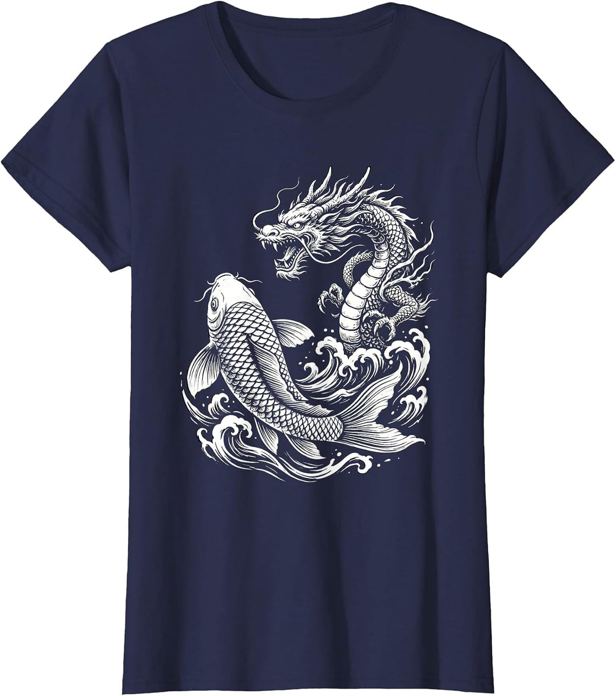 Women's Koi Fish Dragon Transformation Anime Graphic T-Shirt - Navy Blue