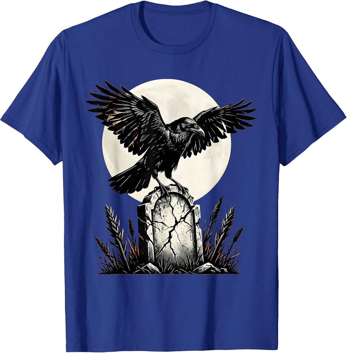Raven on Gravestone Halloween Gothic Design T-Shirt - Royal Blue