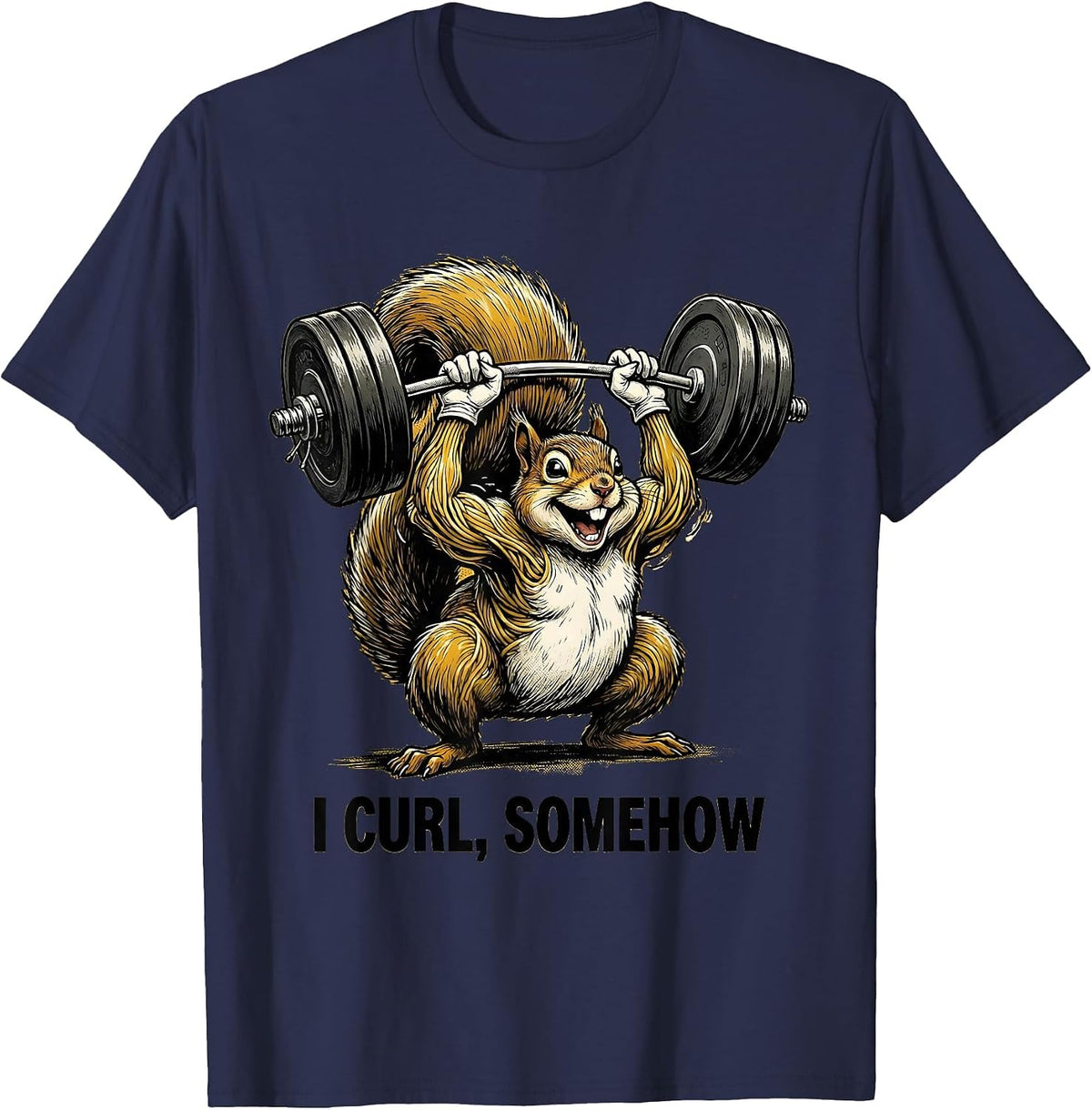 Men's I Curl Somehow Retro Cartoon Funny Gym Workout Weightlifting T-Shirt - Navy Blue