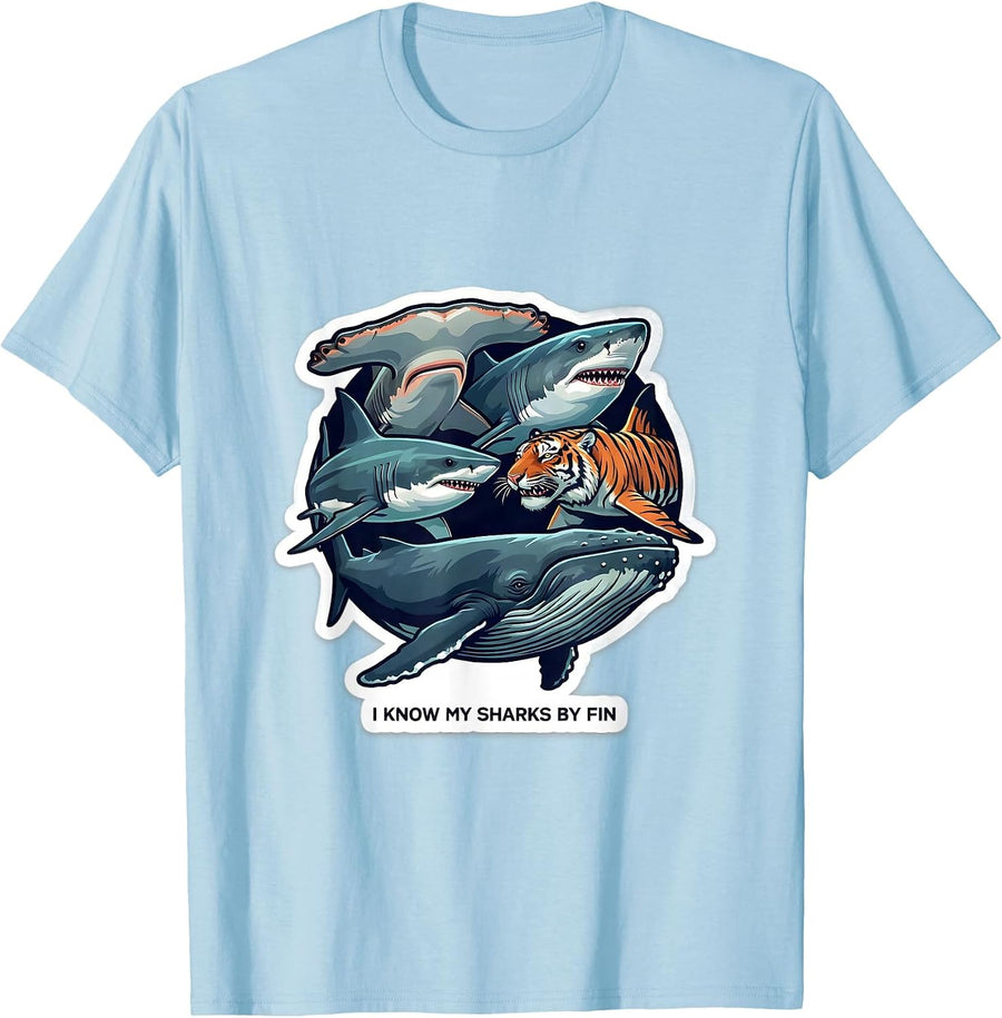 Men's I Know My Sharks By Fin Funny Shark Lover Ocean Wildlife T-Shirt - Baby Blue
