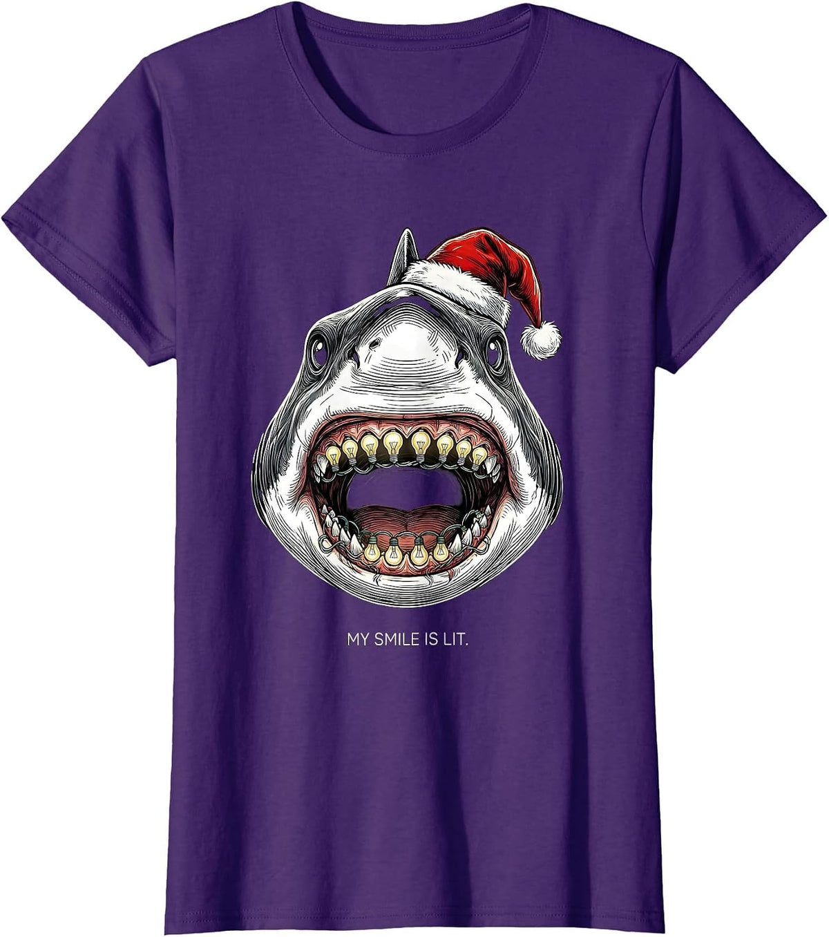 Women's My Smile Is Lit Funny Shark Santa Hat Christmas Lights Humor T-Shirt - Purple