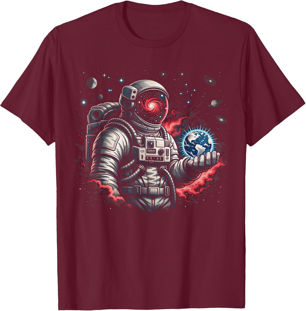 Astronaut Earth Science Space Galaxy Cosmic Universe T-Shirt - Burgundy