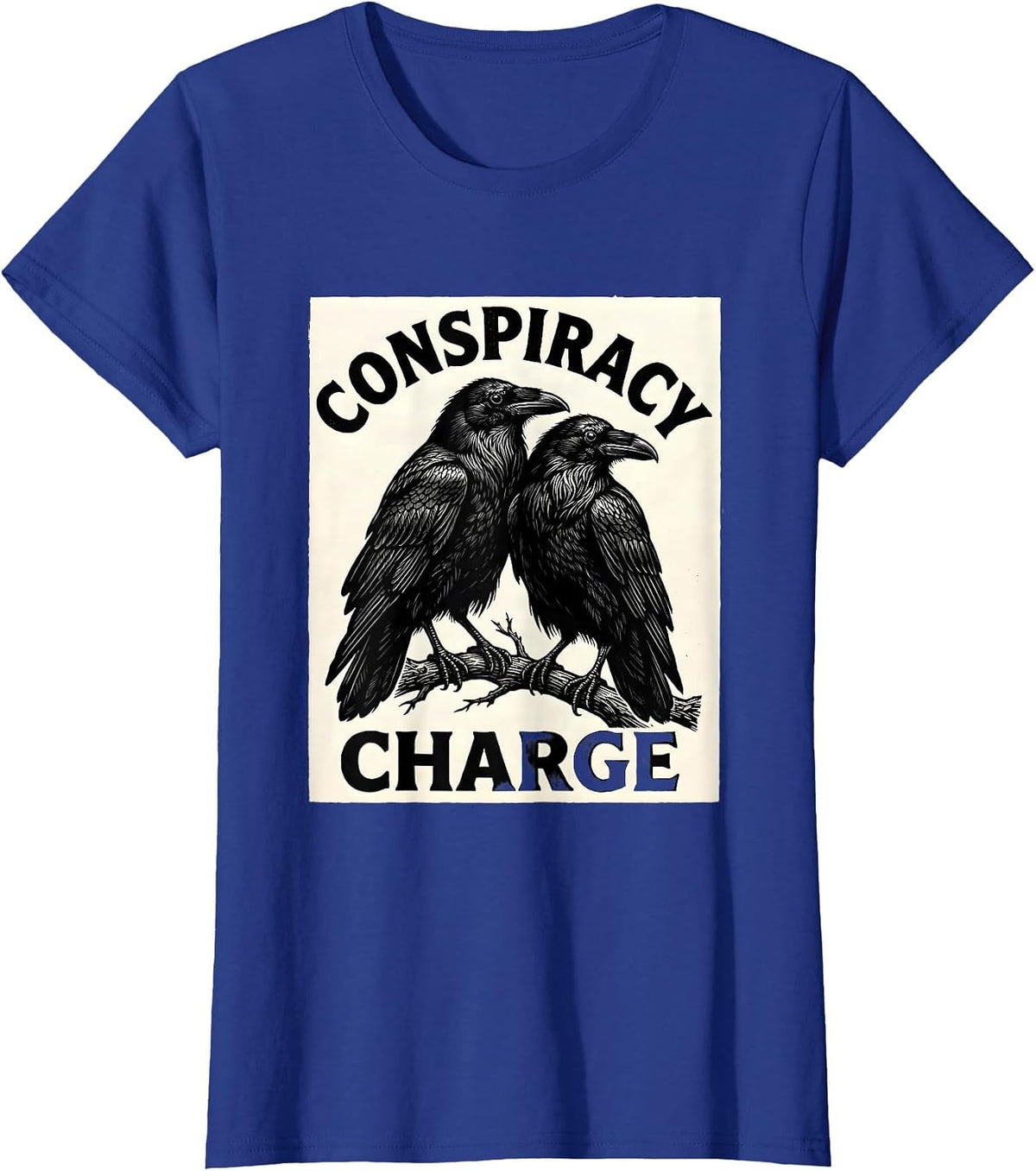 Women's Conspiracy Charge Woodcut Engraving Crow Lover Literary T-Shirt - Royal Blue
