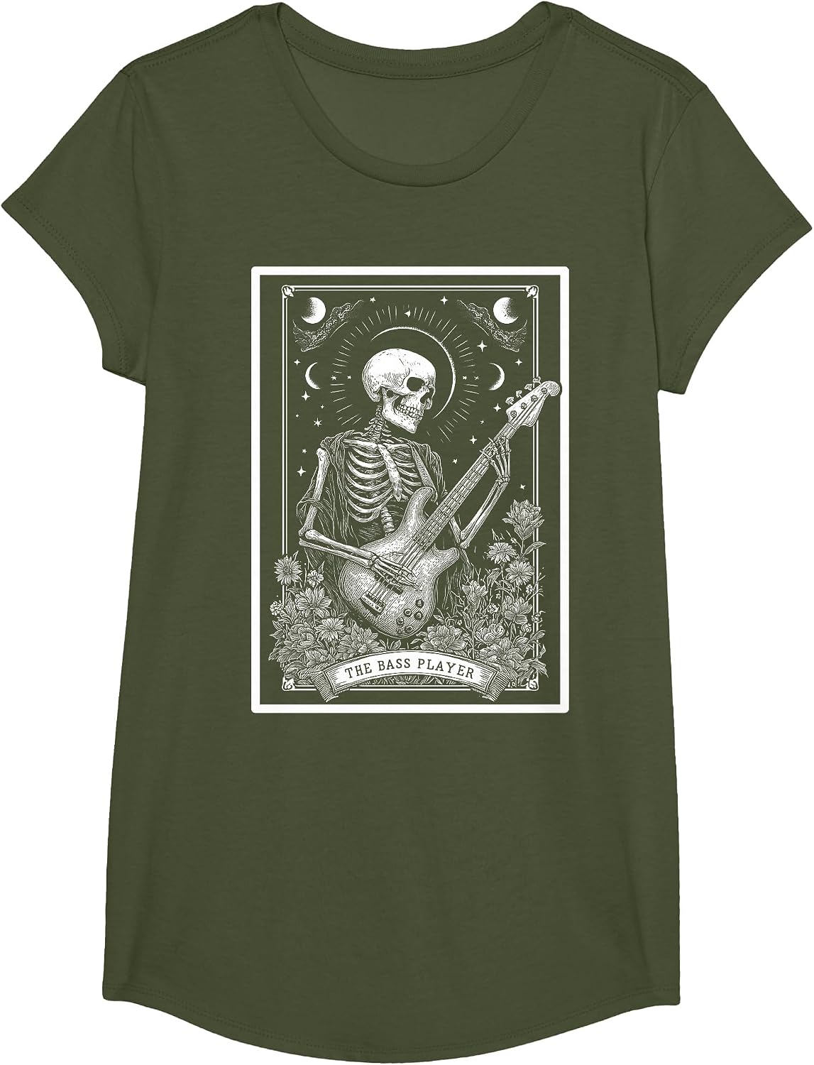 The Bass Player Bassist Guitarist Guitar Tarot Card Skeleton T-Shirt - Girls Olive Green