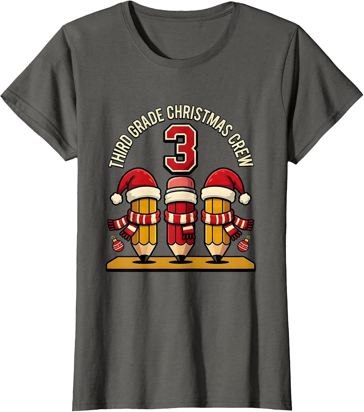 Women's Third Grade Christmas Crew Funny Teacher Holiday Squad T-Shirt - Asphalt Grey