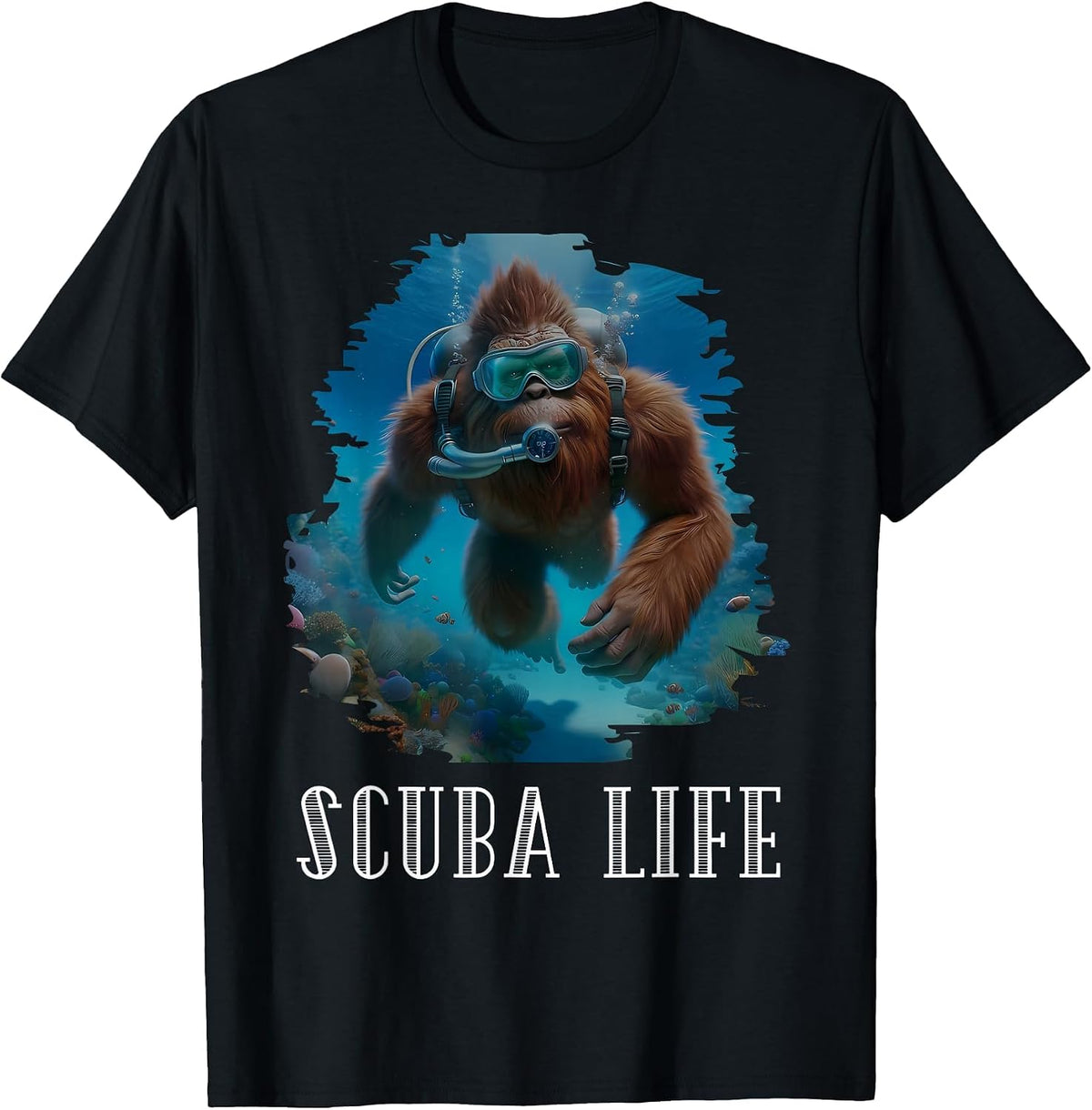 Funny Bigfoot Scuba Diving Scuba Diver Sasquatch Hawaiian T-Shirt - Black