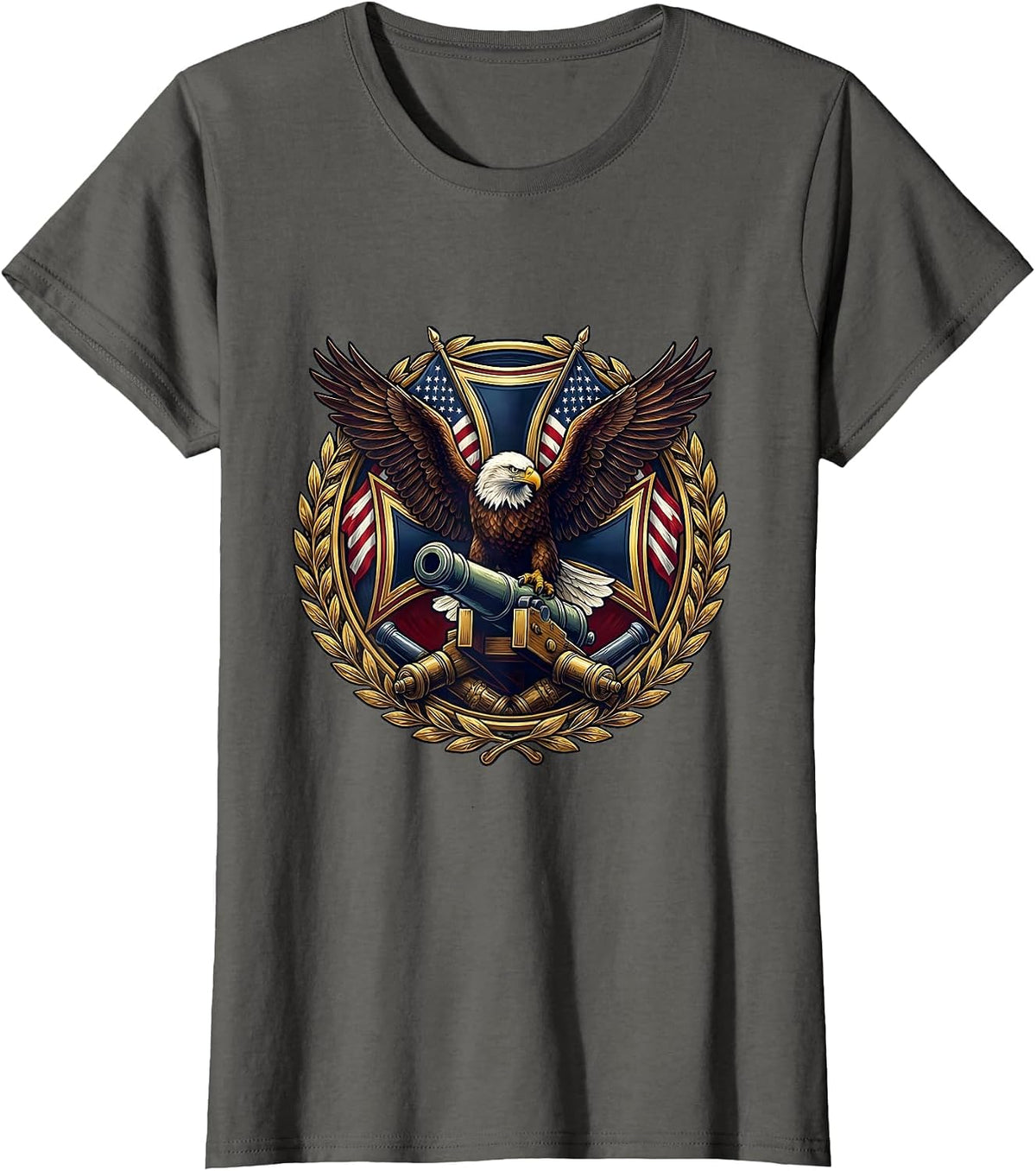 Women's Bald Eagle Perched on Artillery Cannon Patriotic T-Shirt - Asphalt Grey