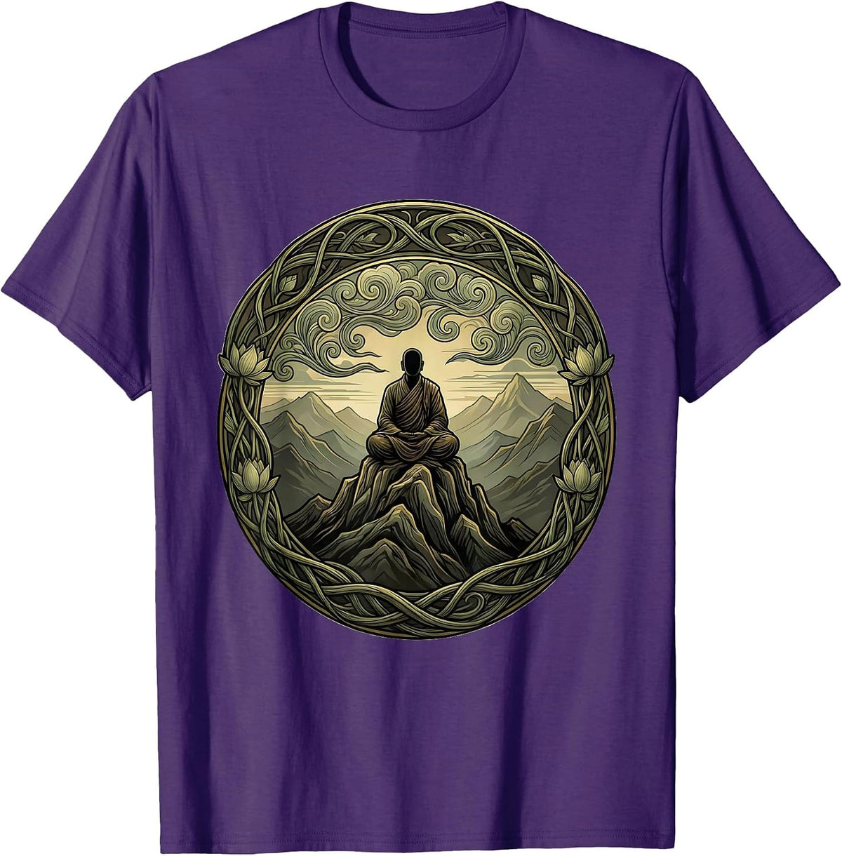 Monk Meditating Mountain Peak Silhouette T-Shirt - Purple