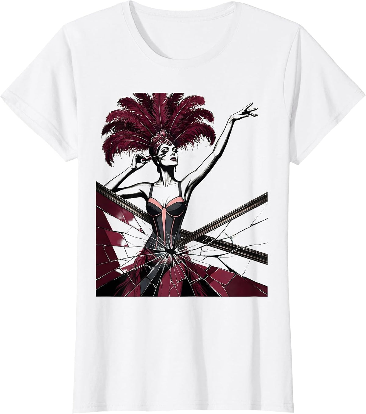 Showgirl Applying Mascara in Cracked Mirror T-Shirt - White
