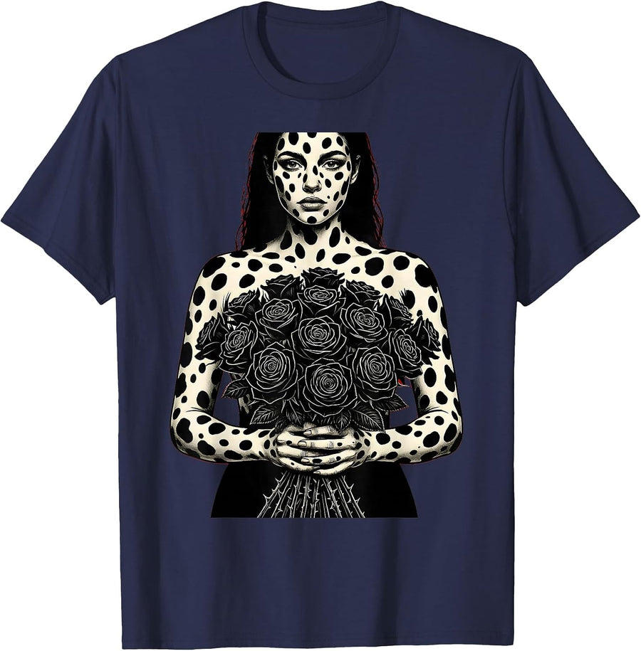Dalmatian Woman Black Rose Bouquet Art T-Shirt - Navy Blue