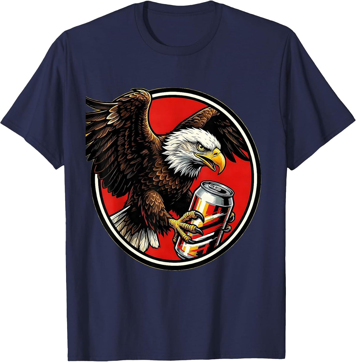 Men's Bald Eagle Clutching Beer Can Patriotic Design T-Shirt - Navy Blue