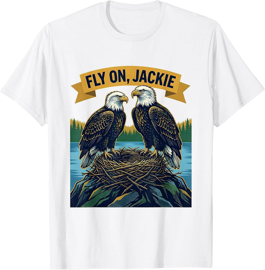 Men's Fly On, Jackie Memorial Tribute Bald Eagle Nature Lover T-Shirt - White