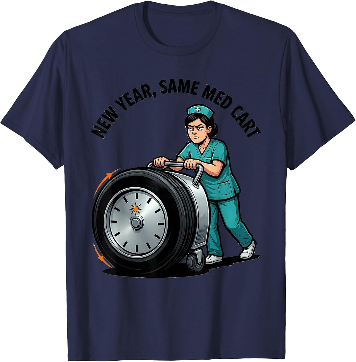 Men's New Year, Same Med Cart Funny Nurse Crew Holiday Party T-Shirt - Navy Blue