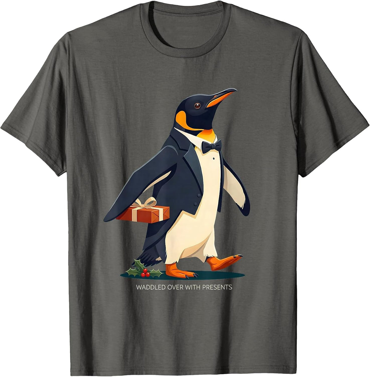 Men's Waddled Over With Presents Funny Penguin Lover Christmas T-Shirt - Asphalt Grey