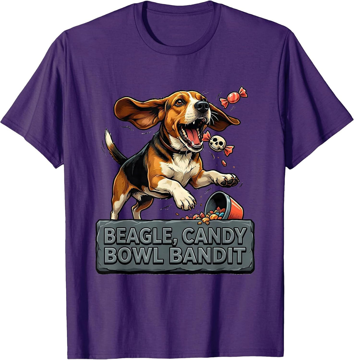 Beagle Candy Bowl Bandit Funny Dog Halloween Costume T-Shirt - Purple