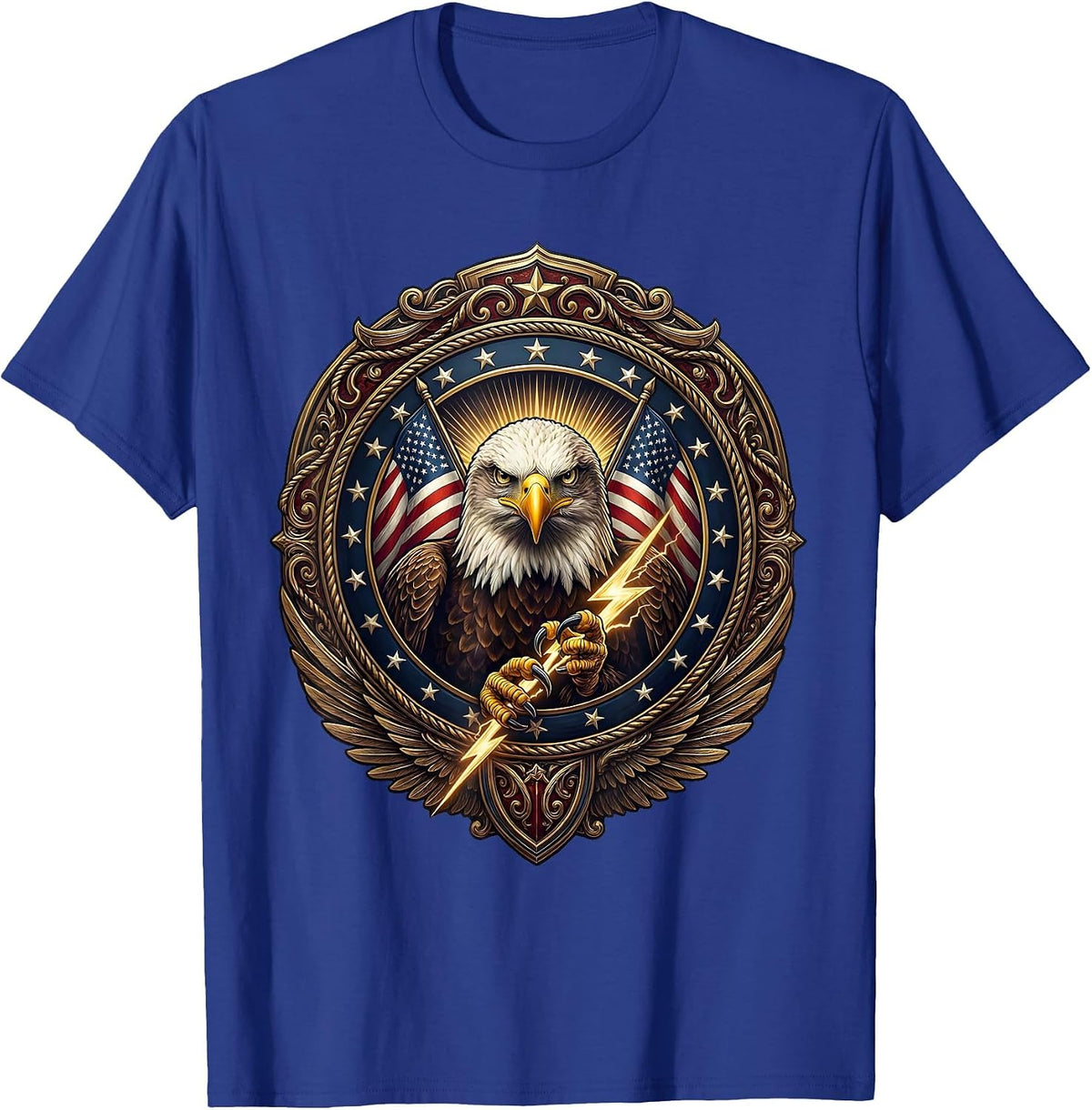 Men's Bald Eagle Lightning Bolt American Power Design T-Shirt - Royal Blue