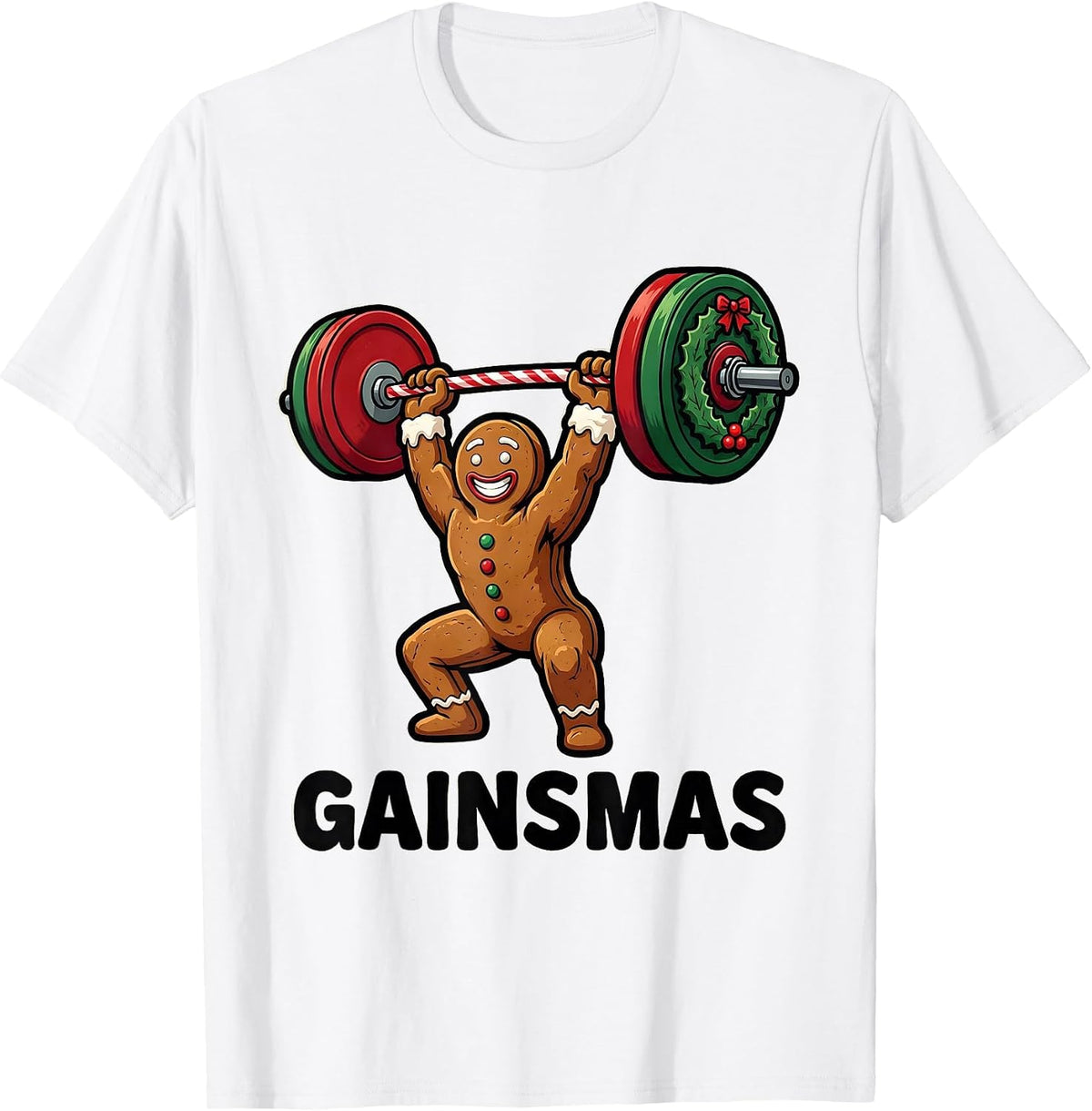 Men's Gainsmas Cartoon Gingerbread Lifter Funny Christmas Gym T-Shirt - White