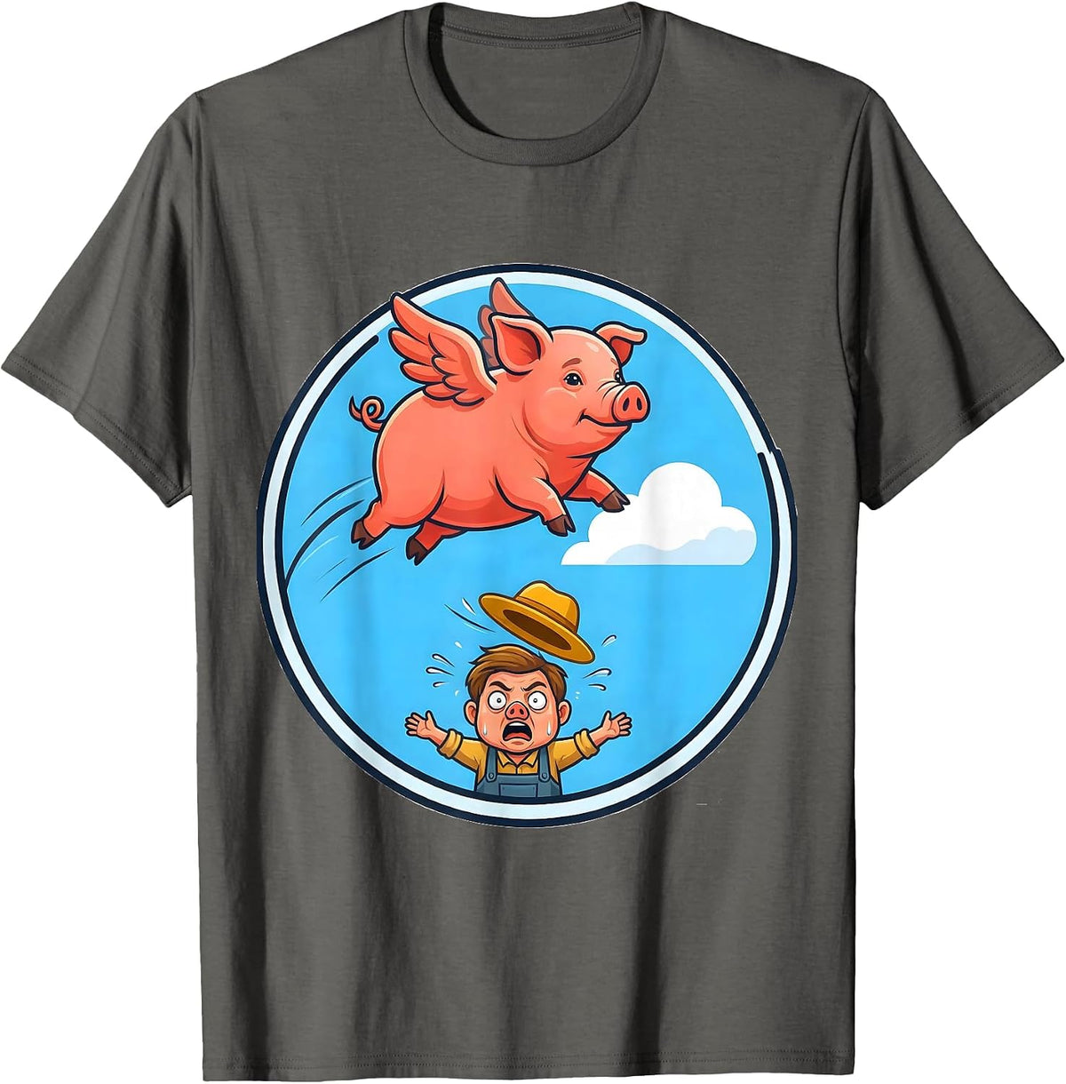 Men's Funny Flying Pig Soaring Past Shocked Farmer T-Shirt - Asphalt Grey