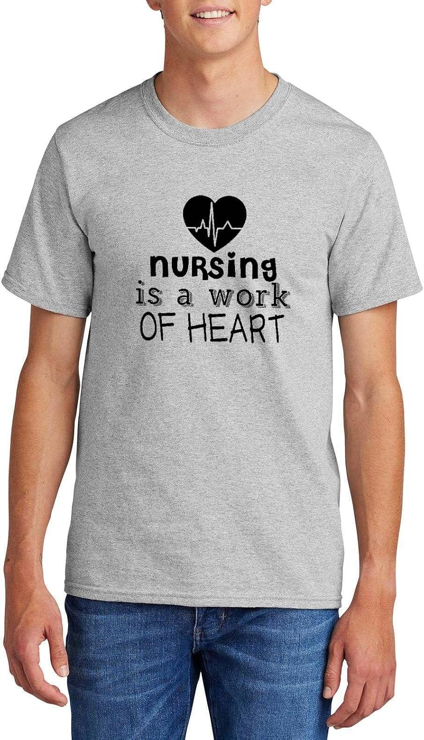 Nursing is A Work of Heart Heartbeat Nurse Graphic Top Cotton Tee Adult Youth Tall Men Women - Mens Crew Ash Grey