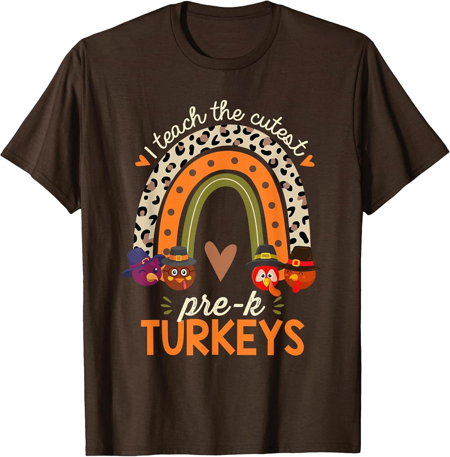 I Teach the Cutest Prek Turkeys Thanksgiving Teacher T-Shirt - Brown