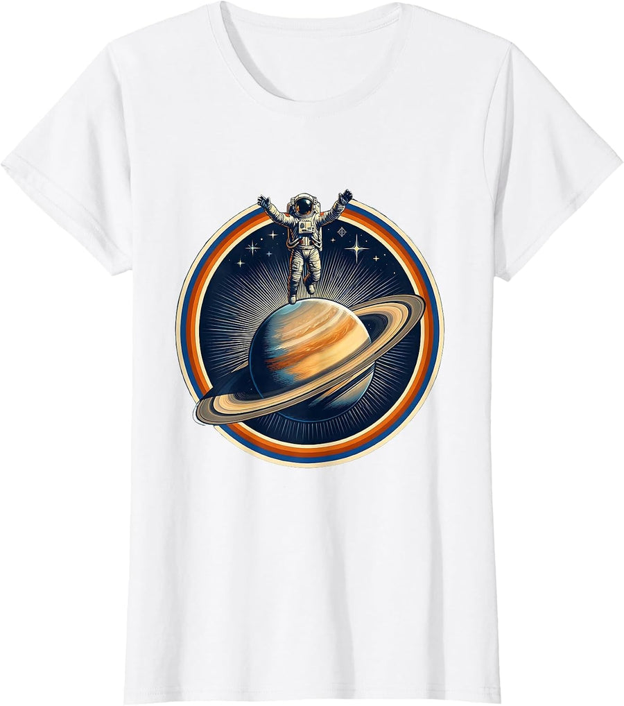 Women's Astronaut Floating by Ringed Planet Space Art T-Shirt - White