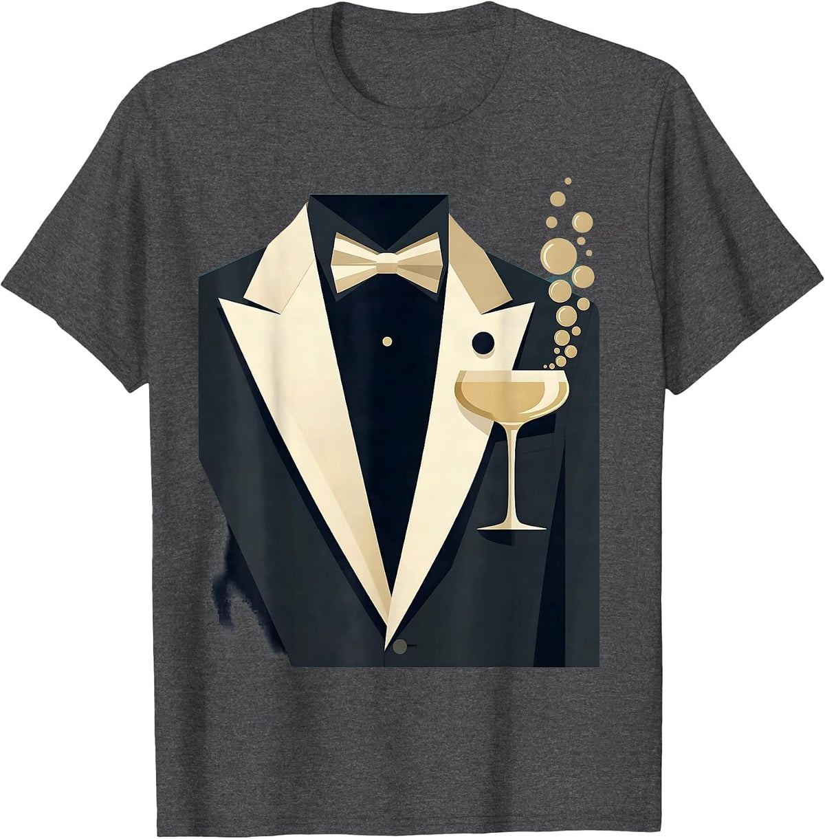 Men's Tuxedo Lapel Champagne Glass Graphic Tee T-Shirt - Dark Heather Grey