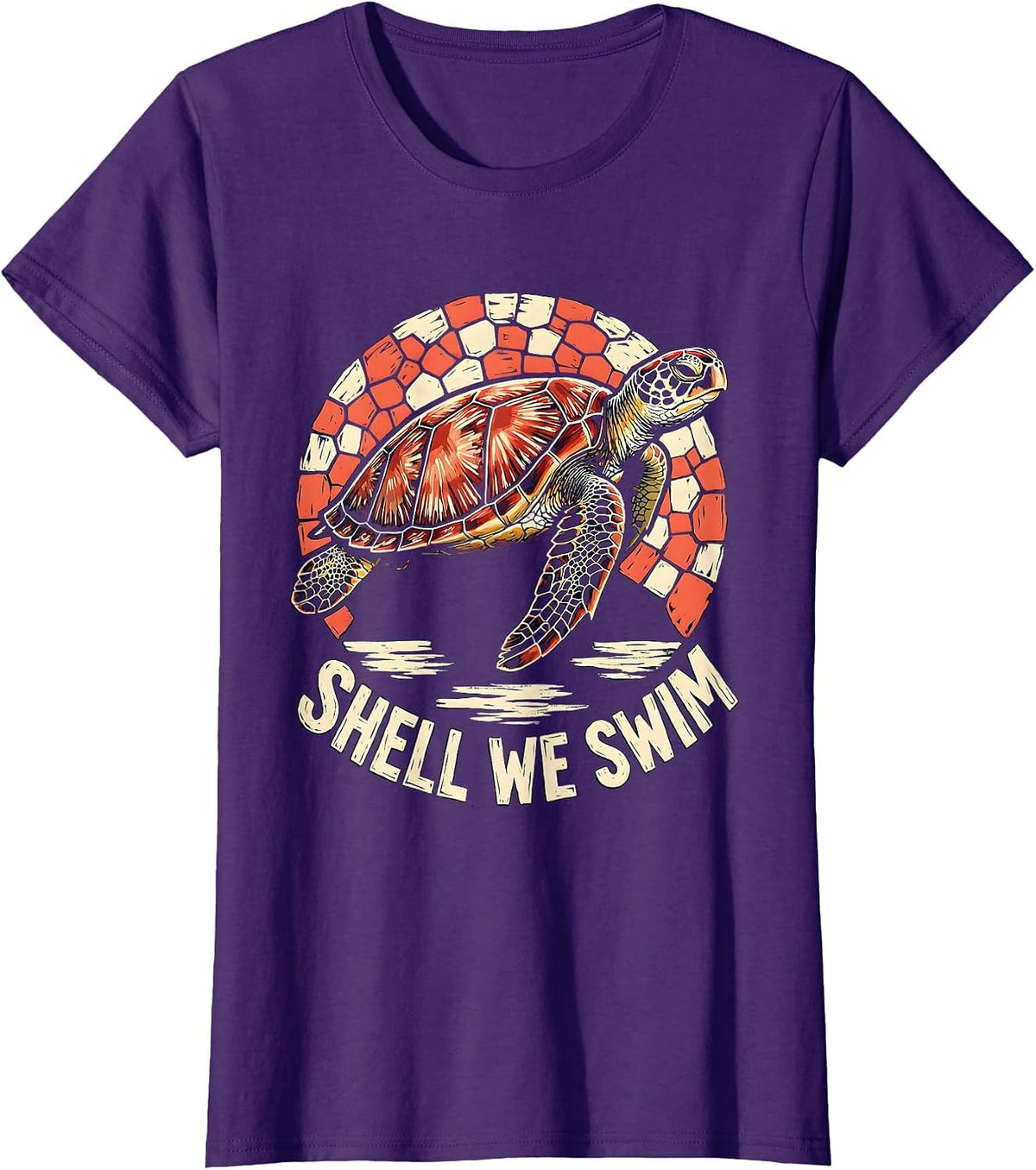 Women's Shell We Swim Linocut Sea Turtle Ocean Animal Lover Tropical T-Shirt - Purple
