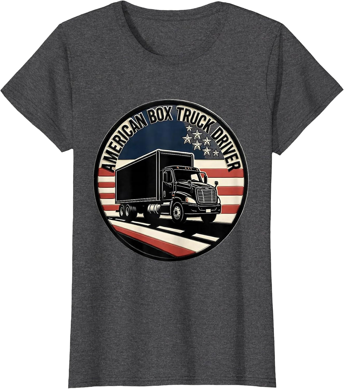 Women's American Box Truck Driver Patriotic Trucker Pride Linocut T-Shirt - Dark Heather Grey