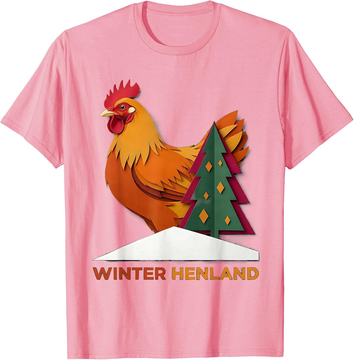 Men's Winter Henland Paper Cutout Funny Chicken Lover Christmas T-Shirt - Pink