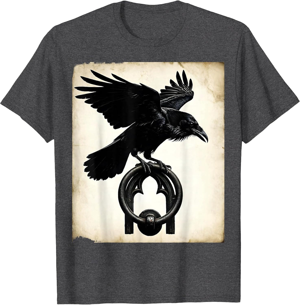 Men's Raven on Door Knocker Gothic Dark Art Illustration T-Shirt - Dark Heather Grey