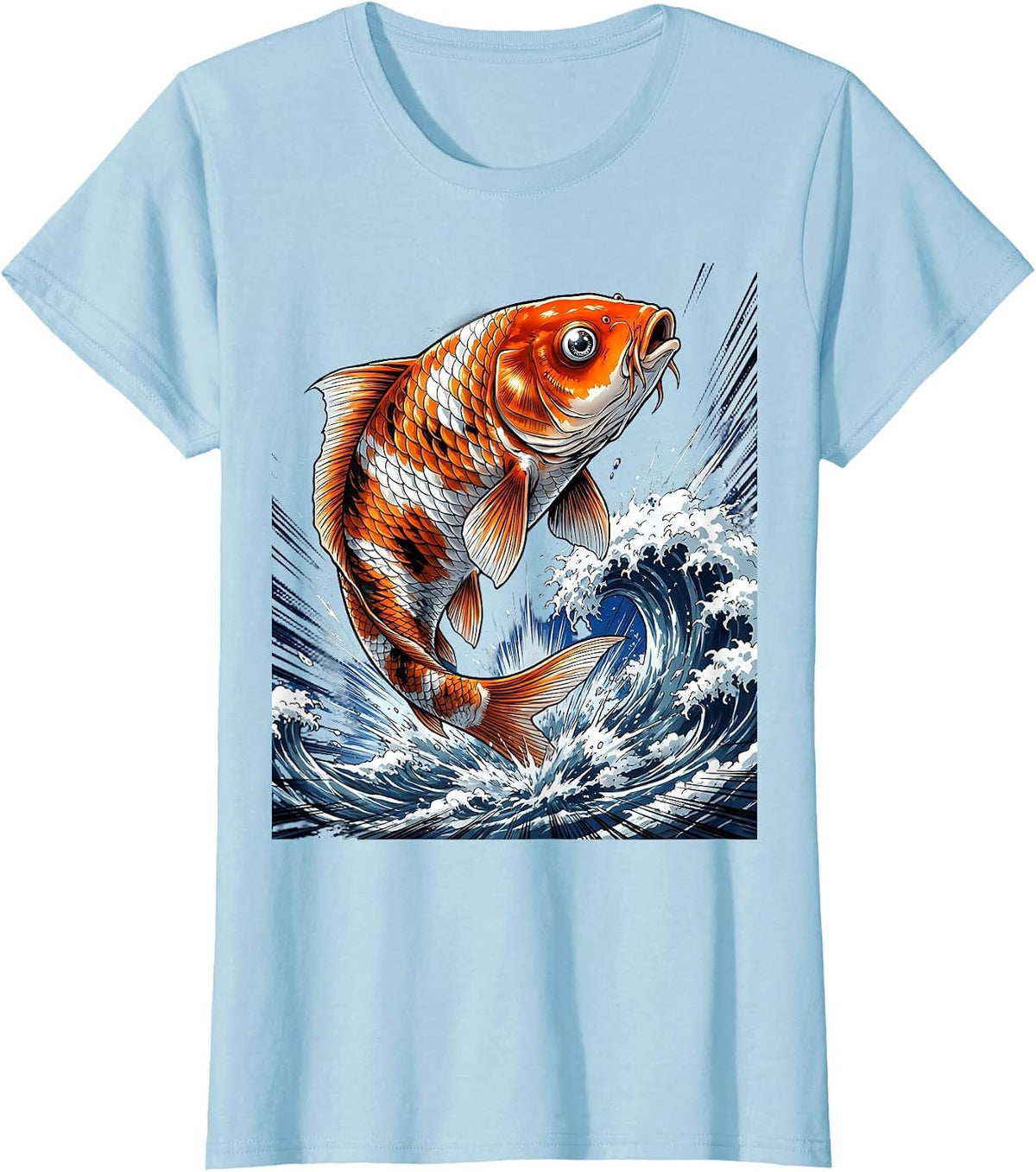Koi Fish Leaping Through Crashing Wave Art T-Shirt - Baby Blue