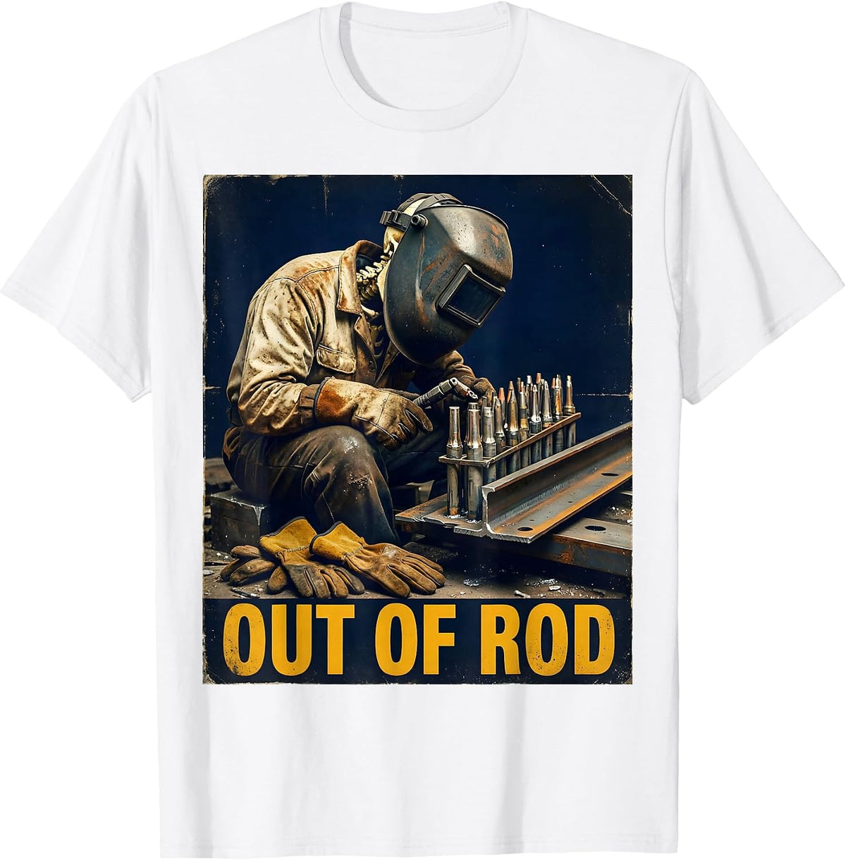 Men's Out Of Rod Vintage Welder Skeleton Tradesman Humor T-Shirt - White
